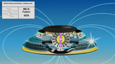 Concept drawings for the nationalised British Fusion flying saucer, showing the exterior