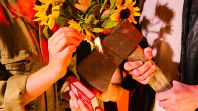 Artwork with axe and sunflowers