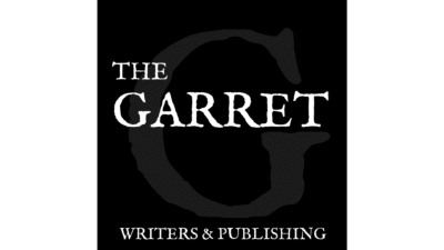 A black and white logo of The Garret: Writers and Publishing.