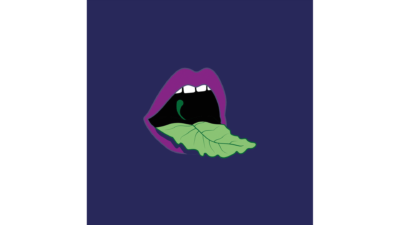 tasty future logo, purple lips and green tongue